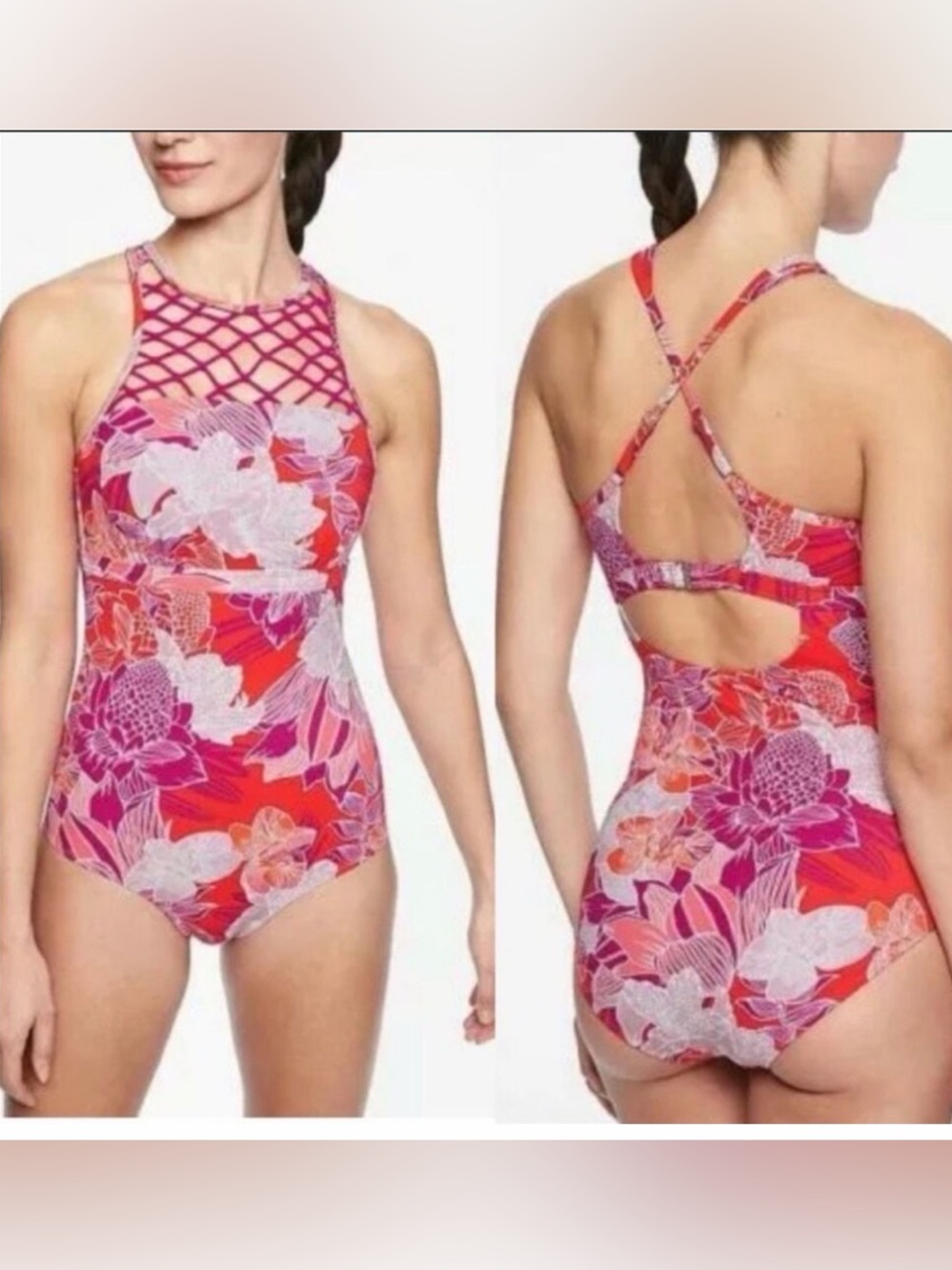 Athleta Swimsuit Size 32 D/DD Rio Macrame Floral One Piece Pink Orange Coastal